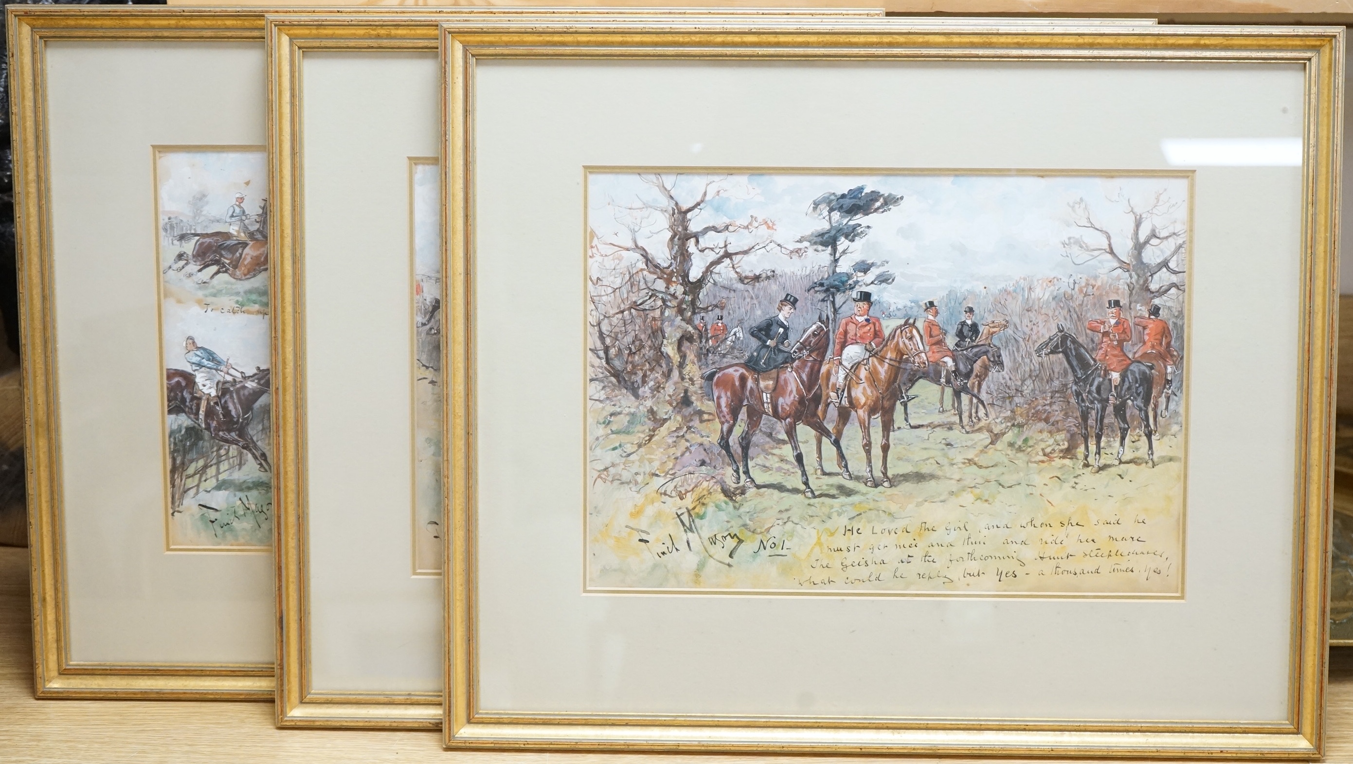 George Finch Mason (1850-1915), ‘Alas! At the Second Fence the Geisha Refused’, ‘The Last Hurdle, Come Along, Geisha!’ and one other, each signed and inscribed, set of three watercolours, 24 x 34cm
